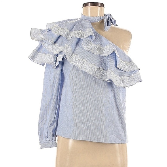 NEW Veronica Beard Isla Ruffle One Shoulder Stripe Blouse - Picture 3 of 16